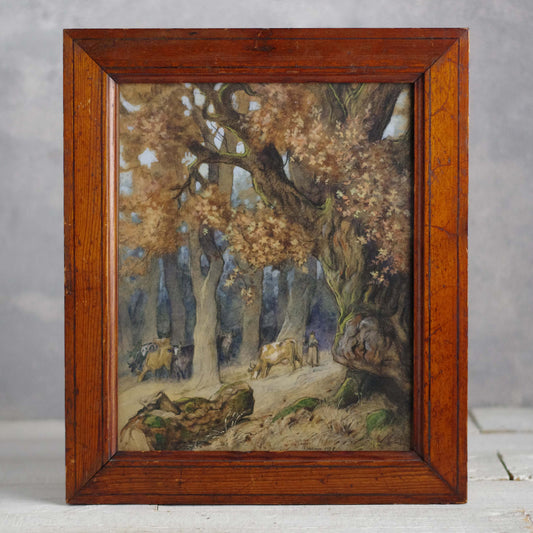 Aquarelle . Paysage . Forêt d'automne . Vaches . 1920