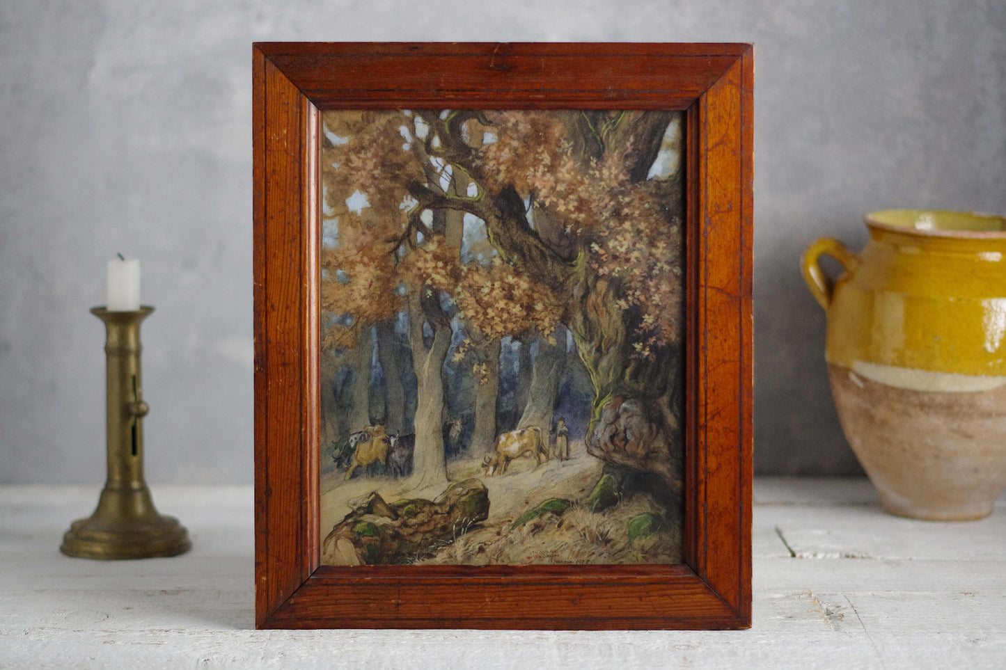 Aquarelle . Paysage . Forêt d'automne . Vaches . 1920